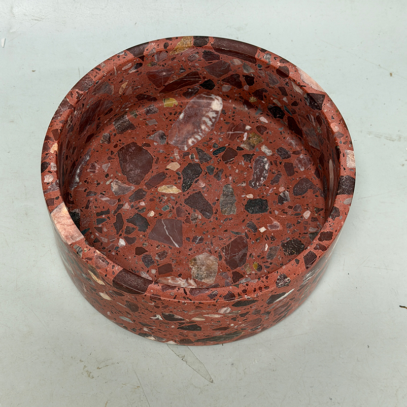 Red dog food and water bowls