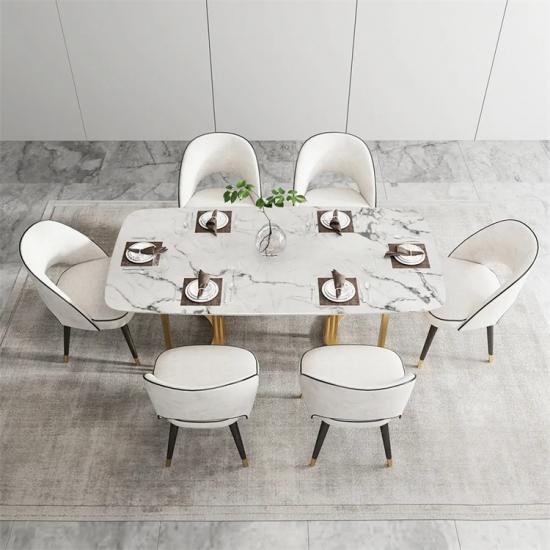 Mesa de comedor y silla de acero inoxidable de mármol blanco de lujo
