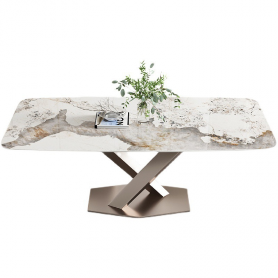 Mesa de comedor italiana de piedra sinterizada con patas de acero inoxidable

