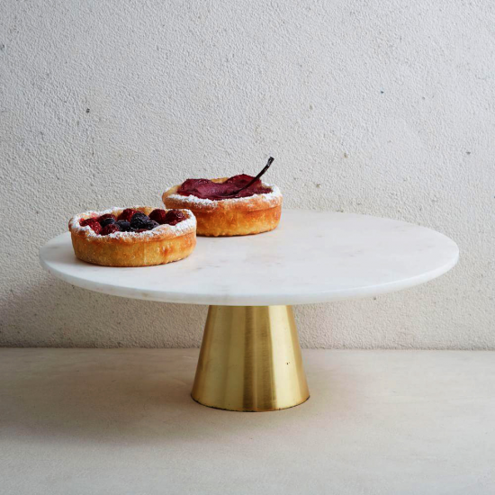 Bandeja de postres de mesa de pastel caliente de red completa, bandeja redonda de mármol blanco con Base de Metal
