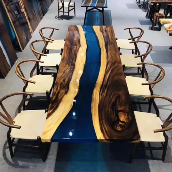 Mesa de comedor de restaurante de madera epoxi de resina de río personalizada
