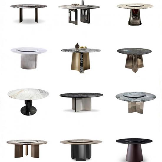 Comedor con asientos de lujo, diseños superiores de piedra de mármol, juego de mesa y sillas modernas cuadradas y redondas, mesas de comedor de acero inoxidable