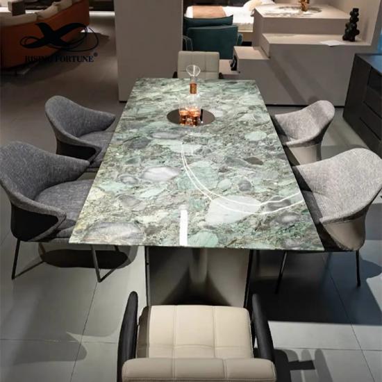 Muebles de diseño de gama alta de lujo, juego de comedor para casa, mesa de comedor de mármol con piedra de cueva natural y silla de cuero genuino