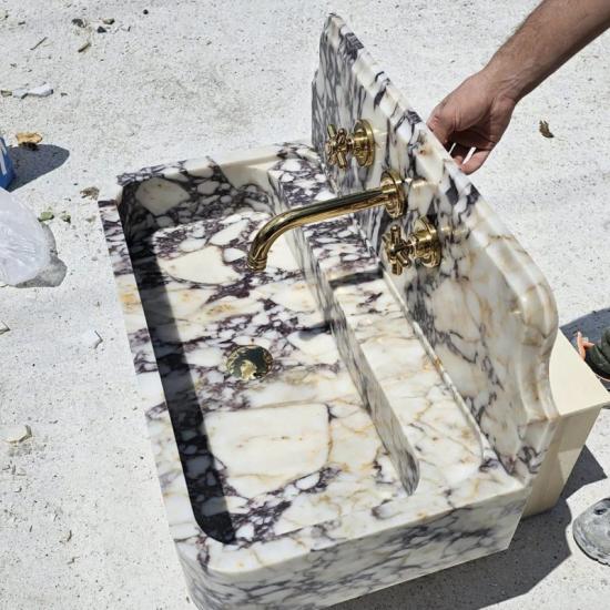 RF Marble & Home Lujoso lavabo de mármol estriado para baño Calacatta Viola