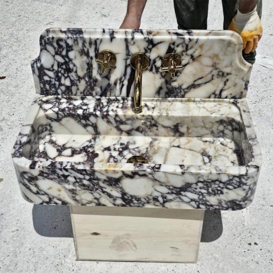 RF Marble & Home Lujoso lavabo de mármol estriado para baño Calacatta Viola