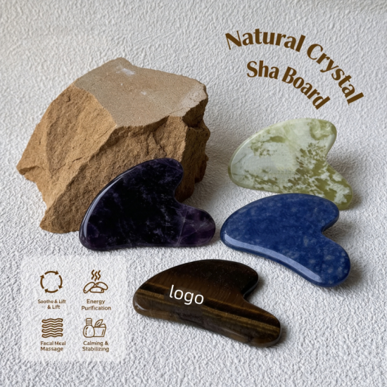 Tabla de Gua Sha de cristal natural con logotipo personalizado, piedra de masaje facial en forma de corazón para el cuidado de la piel del rostro